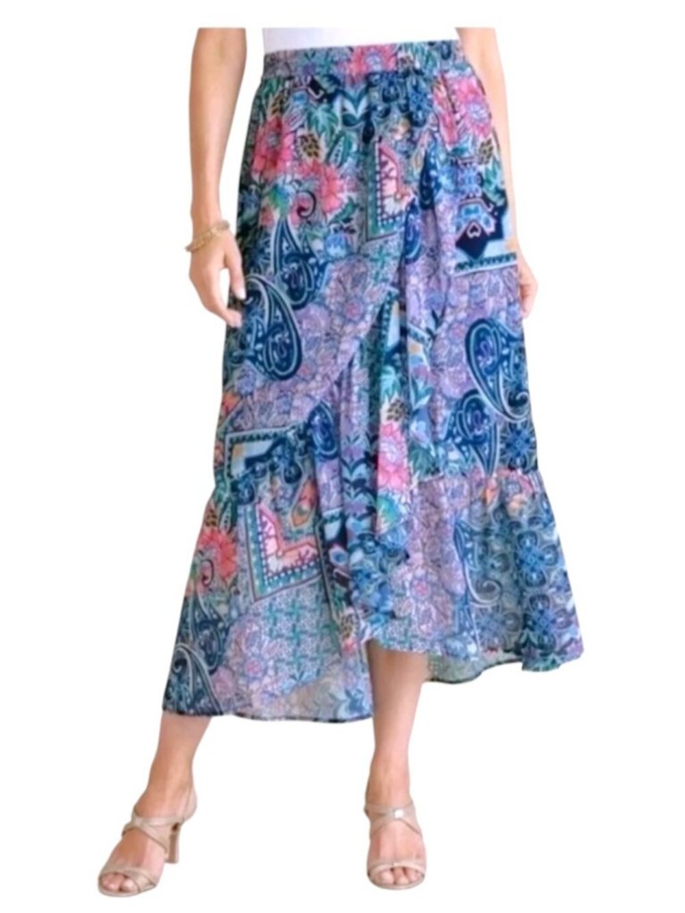 NWT Soft Surroundings Midi Skirt XS Blue Paisley Ruffle Chiffon Pull on Boho